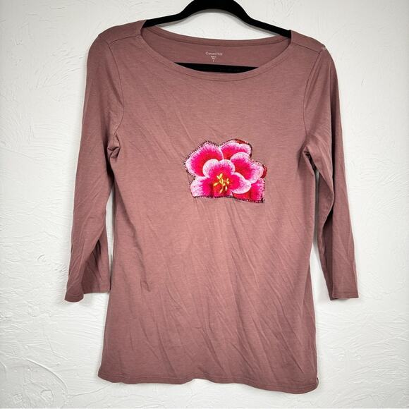 Garnet Hill Pink Flower Embroidered 3/4 Sleeve Tee Shirt Womens S Casual Basic - Picture 1 of 9